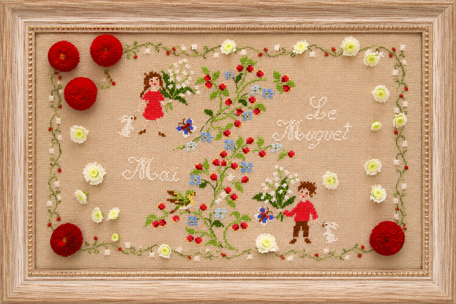 Grille broderie point de croix : le printemps par Perrette Samouiloff, muguet & fleurs, motif 138×120 pts, 25,1×21,8 cm. DMC, 6 pages.