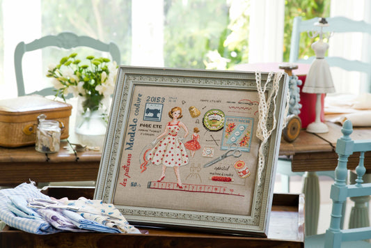 Grille de point de croix années 60 style couture pour tableau d'atelier. Sur lin 11 fils ou Aïda 5,5 pts. Imprimée avec symboles et couleur DMC sur 6 pages.