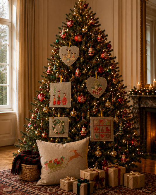 Grille point de croix – Les coussins de Noël : collection de coussins brodés avec rennes, couronne végétale, bougie et petits motifs festifs sur toile de lin ficelle 11 fils/cm – Création Point de Croix