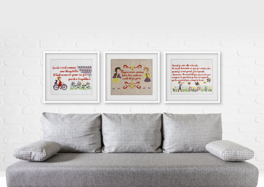 Citations pleines de sagesse et d’optimisme brodées sur lin naturel. Une collection de grilles point de croix signée P. Samouiloff, à broder sur lin 11 fils/cm ou toile Aïda.