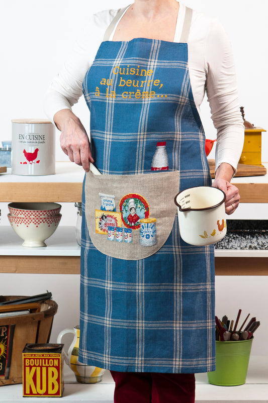 Grille broderie point de croix : Bretonne produits laitiers a broder sur lin bis. Torchon ou tablier, DMC, 6 pages.
