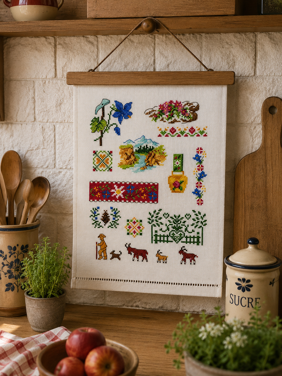 Grille de broderie au point de croix : Mini motifs pour maxi sommets, petits décors alpins vintage. 6 pages avec symboles et références DMC. À broder sur Aïda ou lin.