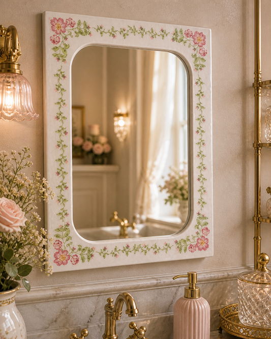 Grille broderie point de croix : miroir romantique, douceurs pastel et esprit tea time. 6 pages, symboles et couleurs DMC. Toile Aïda ou lin.