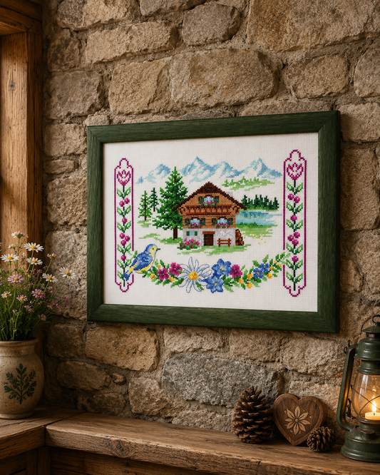 Grille de broderie au point de croix : Mon chalet dans les alpages, scène montagne fleurie et colorée. 6 pages avec symboles et références DMC. À broder sur Aïda ou lin.