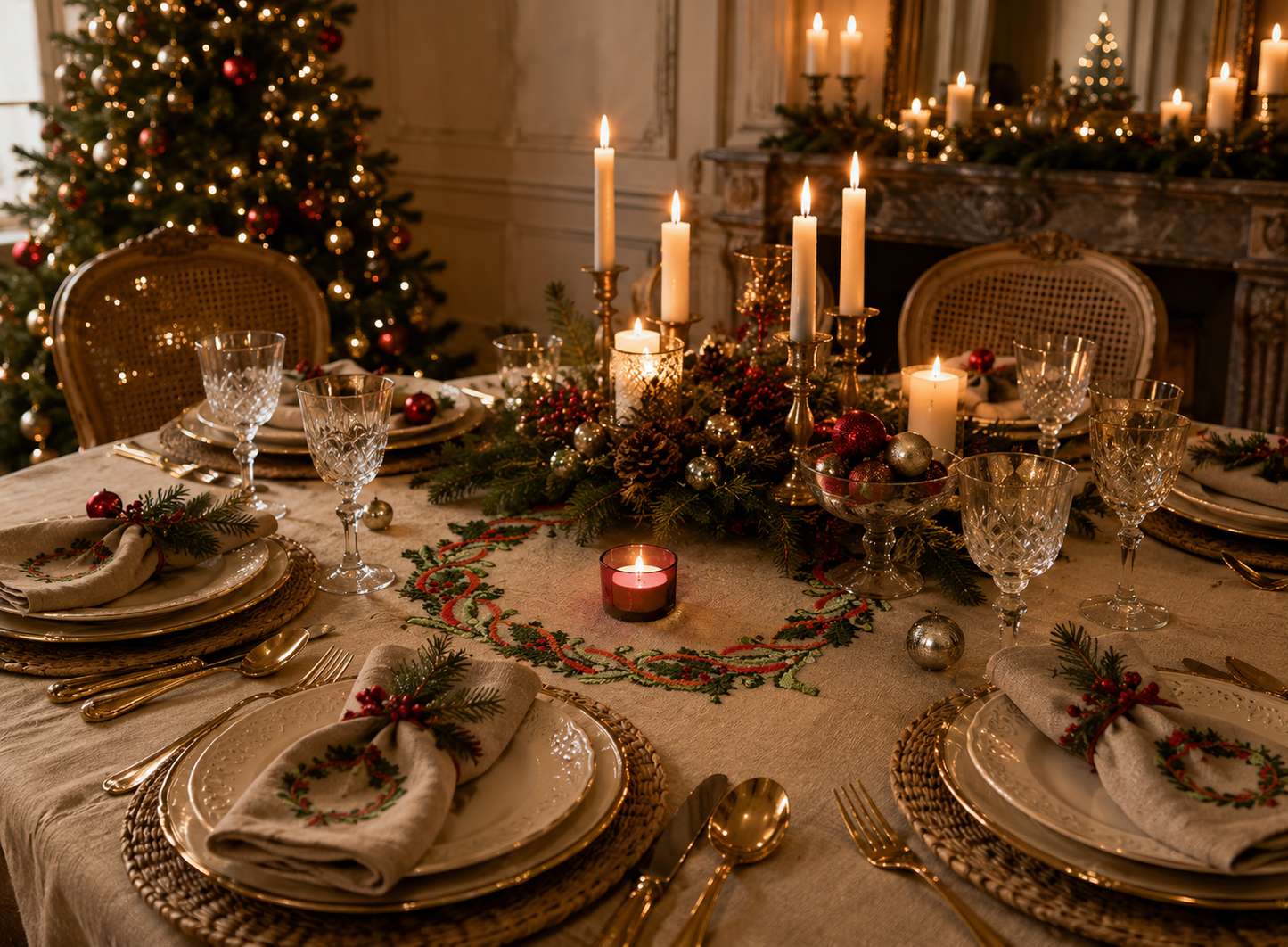 Grille point de croix – Nappe Couronne de Houx : couronne circulaire de houx aux baies rouges brodée sur toile de lin ficelle 11 fils/cm, décoration de table de Noël festive et raffinée – Création Point de Croix