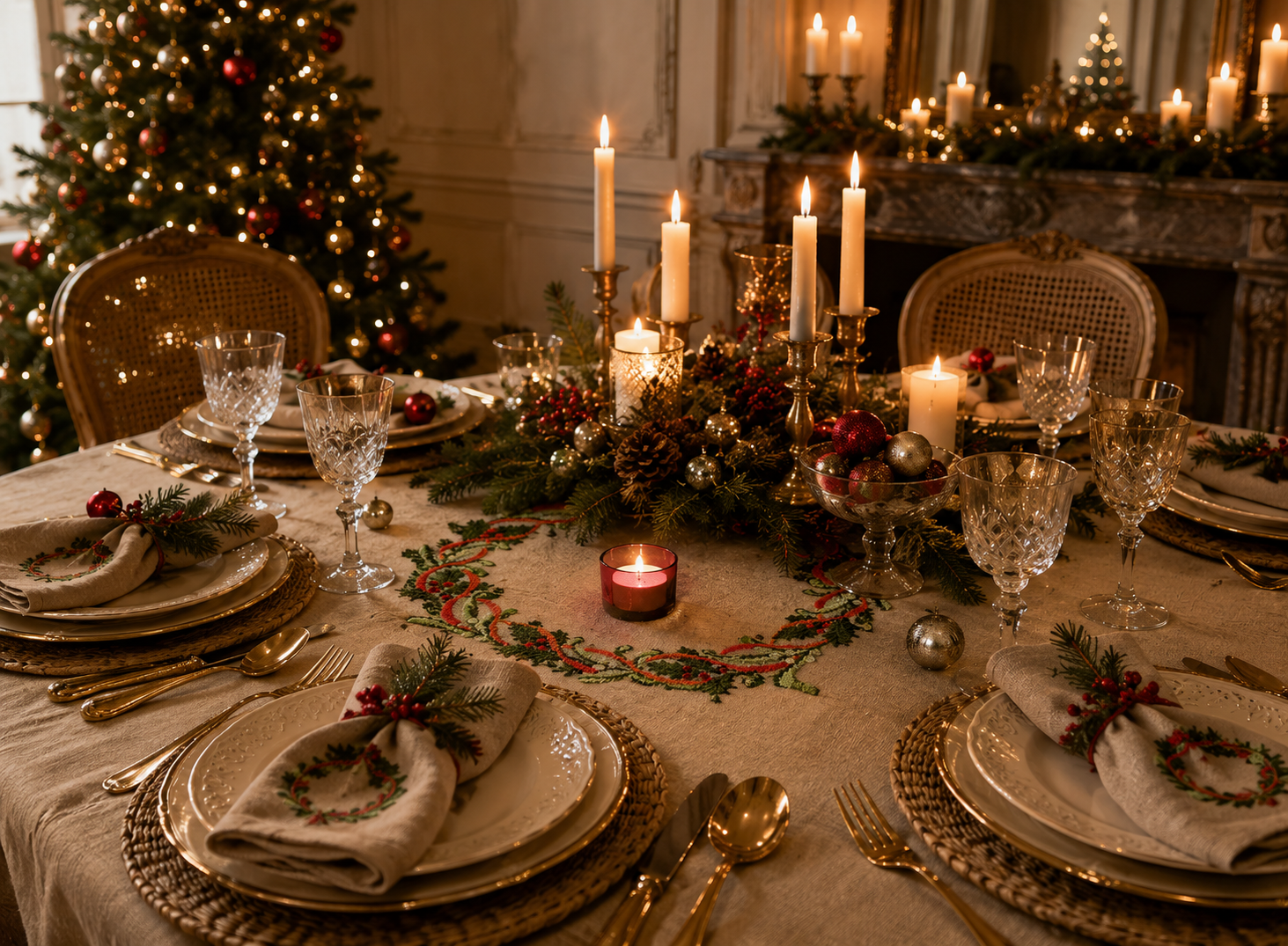 Grille point de croix – Nappe Couronne de Houx : couronne circulaire de houx aux baies rouges brodée sur toile de lin ficelle 11 fils/cm, décoration de table de Noël festive et raffinée – Création Point de Croix