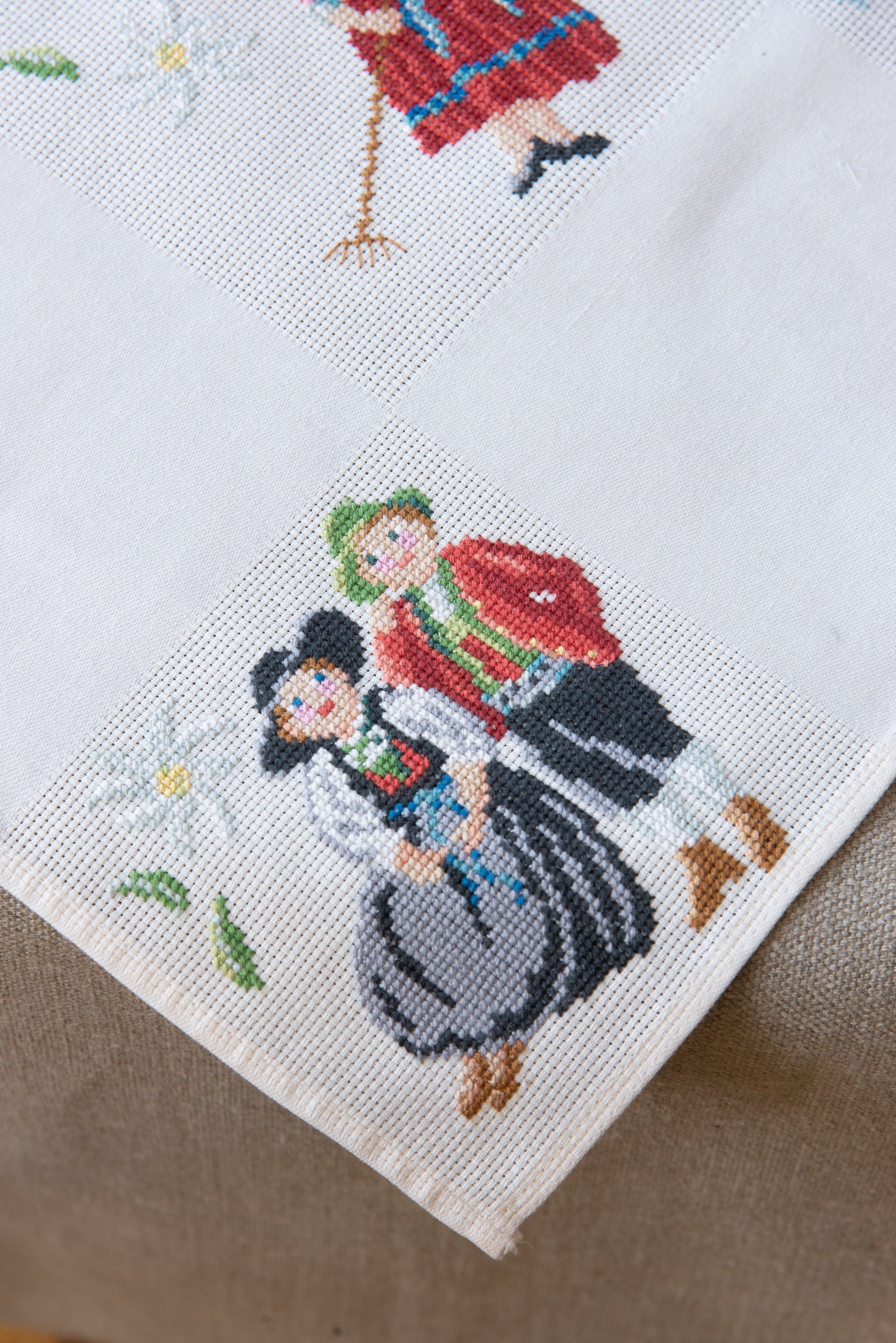 Grille de broderie point de croix « Nappe Tyrol » par M. Bonnin : personnages en costume tyrolien sur Aïda blanc 5,5 pts. DMC, 6 pages, motif 12,36 x 12,36 cm.