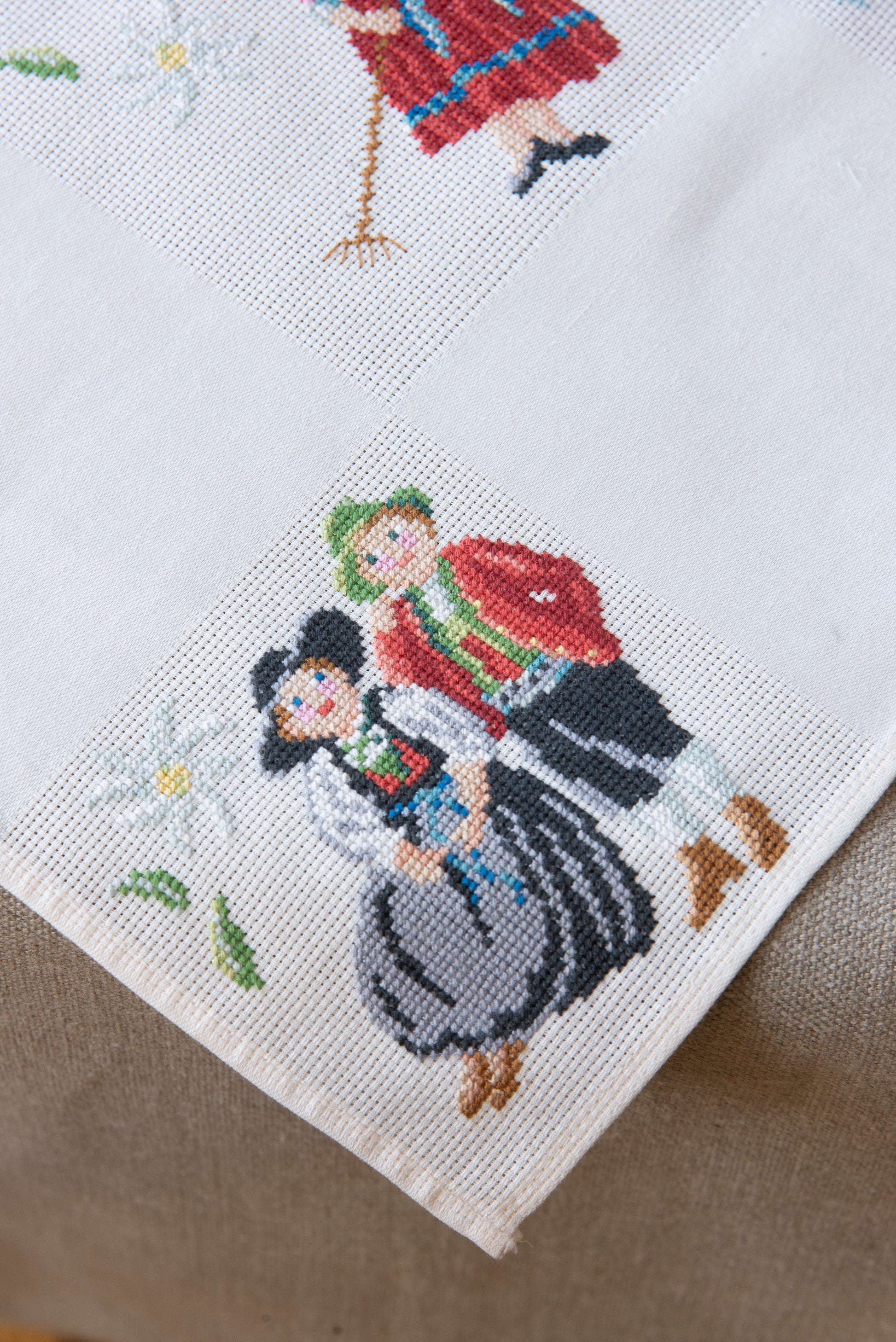 Grille de broderie point de croix « Nappe Tyrol » par M. Bonnin : personnages en costume tyrolien sur Aïda blanc 5,5 pts. DMC, 6 pages, motif 12,36 x 12,36 cm.