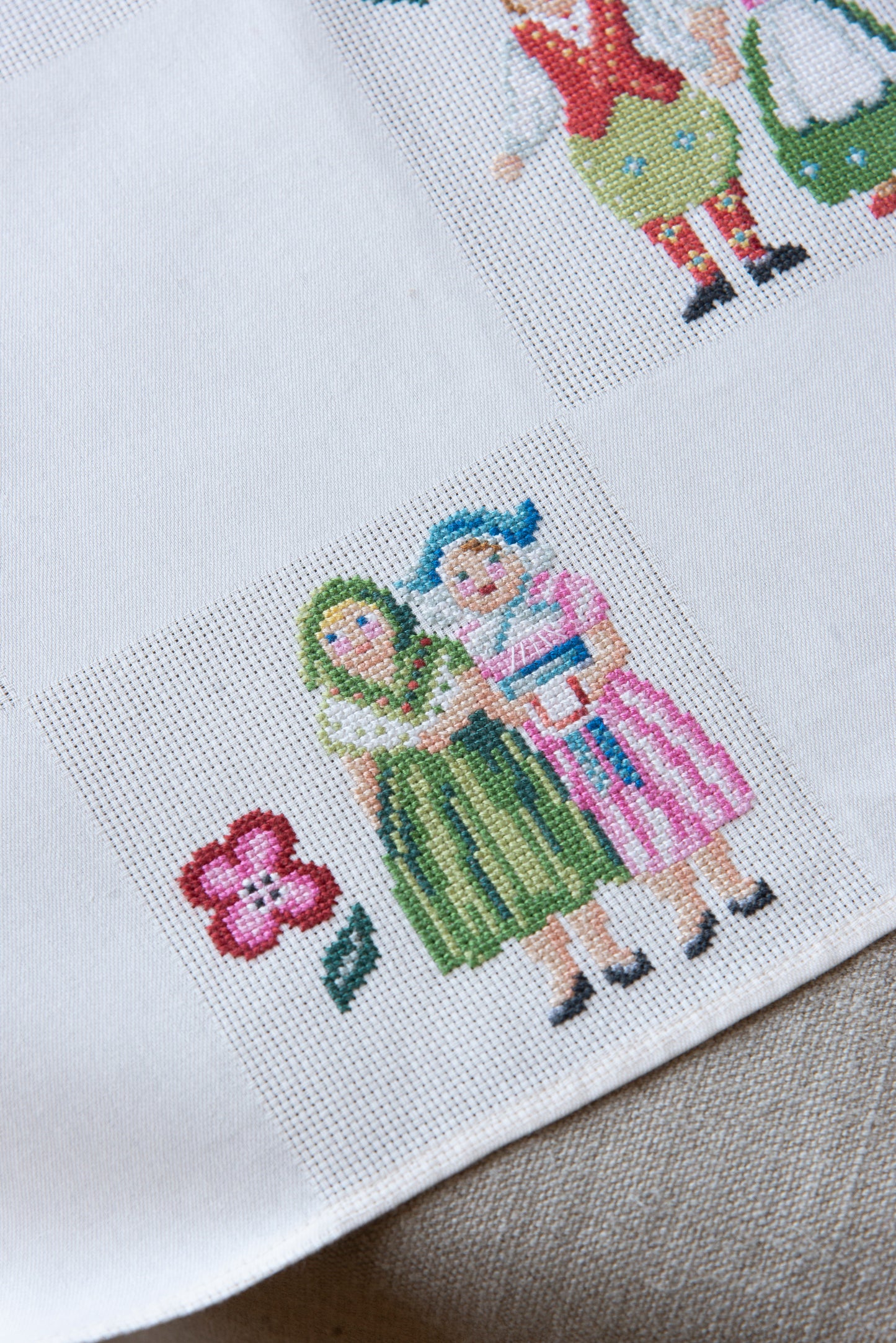 Grille de broderie point de croix « Nappe Tyrol » par M. Bonnin : personnages en costume tyrolien sur Aïda blanc 5,5 pts. DMC, 6 pages, motif 12,36 x 12,36 cm.