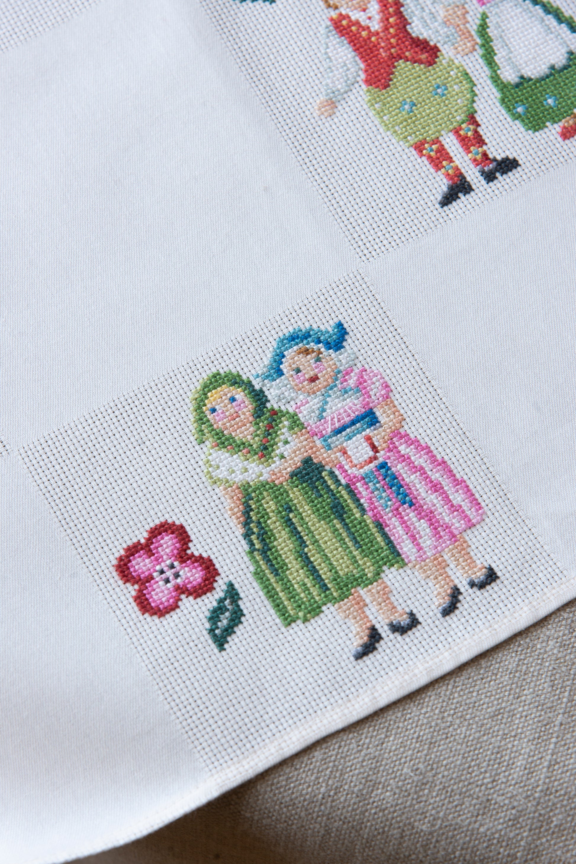 Grille de broderie point de croix « Nappe Tyrol » par M. Bonnin : personnages en costume tyrolien sur Aïda blanc 5,5 pts. DMC, 6 pages, motif 12,36 x 12,36 cm.