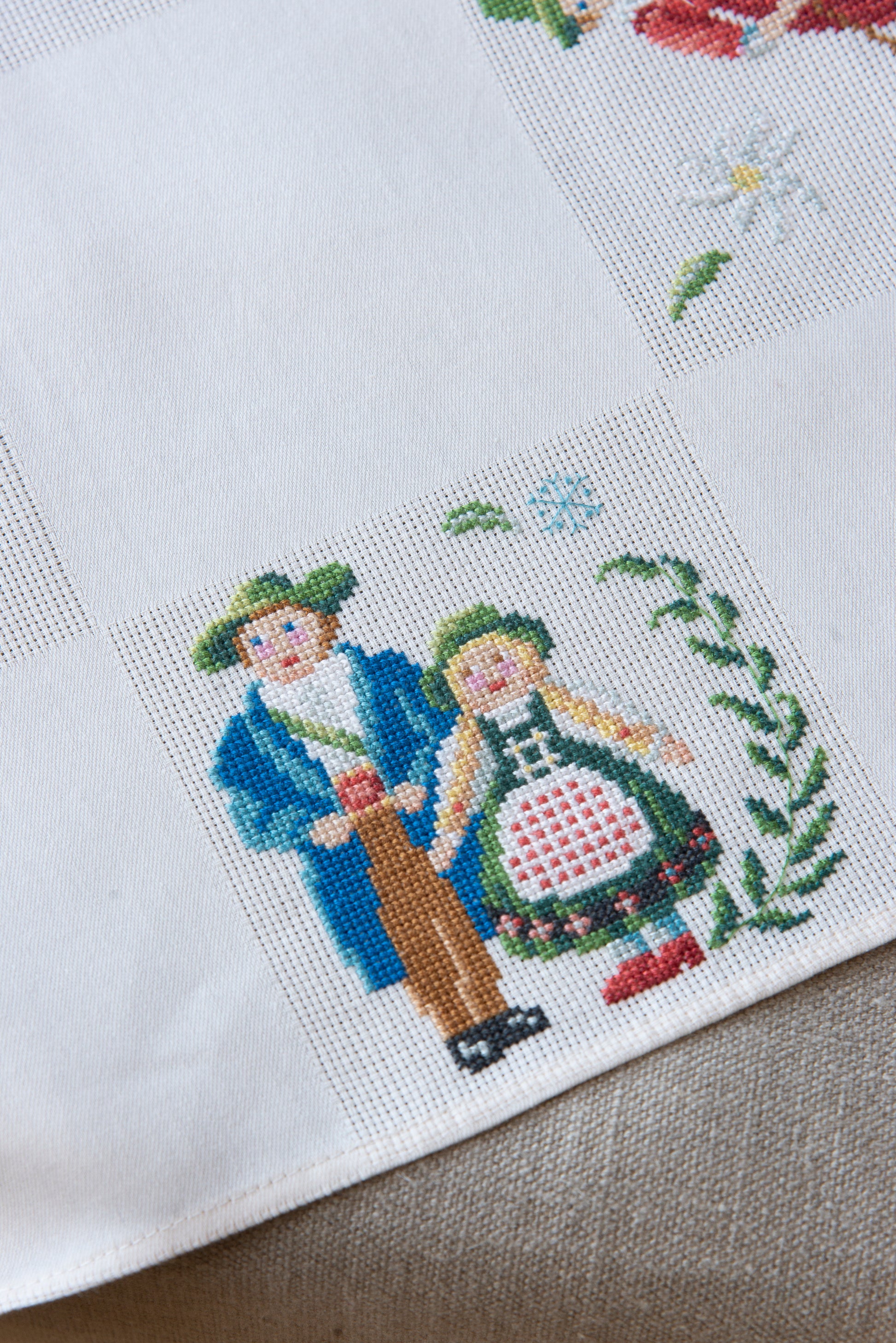 Grille de broderie point de croix « Nappe Tyrol » par M. Bonnin : personnages en costume tyrolien sur Aïda blanc 5,5 pts. DMC, 6 pages, motif 12,36 x 12,36 cm.