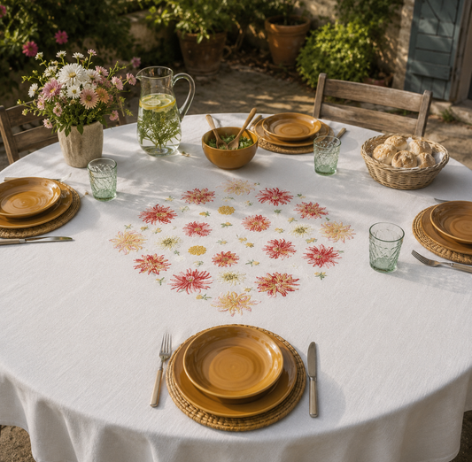Grille point de croix : nappe dahlias de Monique Bonnin. 157×157 pts, Aïda 5,5-7 pts/cm ou lin 11-12 fils/cm. Réf. DMC, 8 pages.