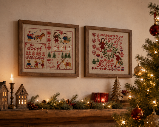 Grille point de croix : scène Noël ourson et abécédaire festif sur lin 11 fils/cm. 2 motifs complémentaires à encadrer.