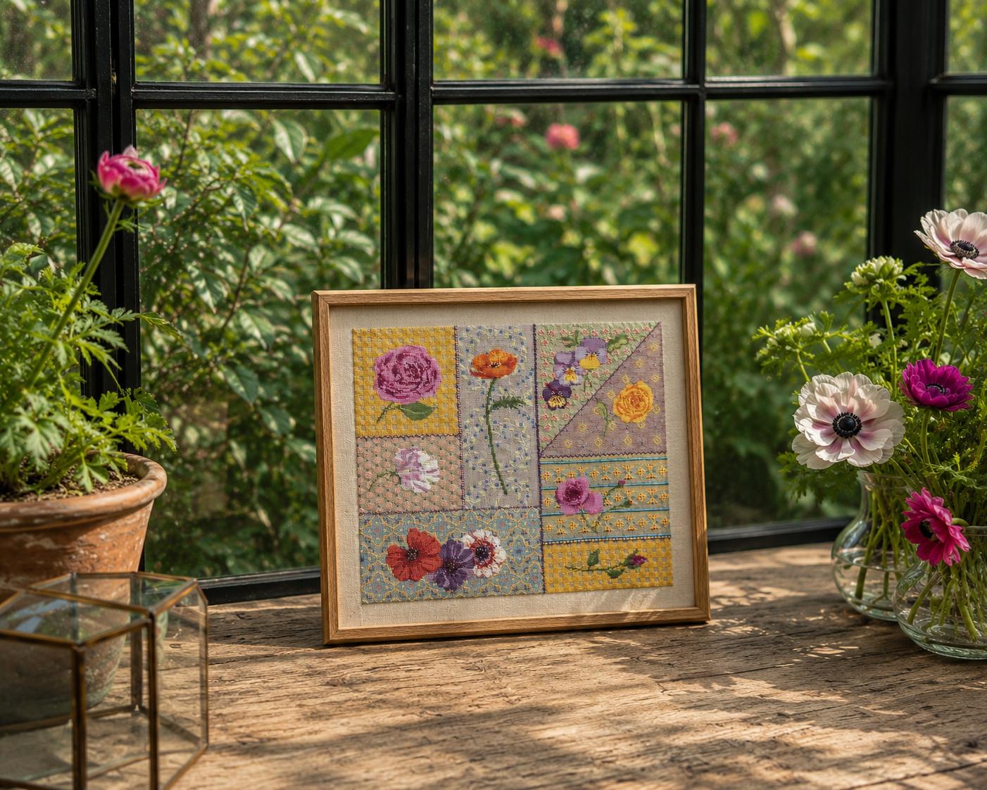 Grille point de croix : patchwork floral coquelicots, roses et pensées. 250×220 pts, Aïda 5,5-7 pts/cm ou lin 11-12 fils/cm. Réf. DMC, 6 pages.