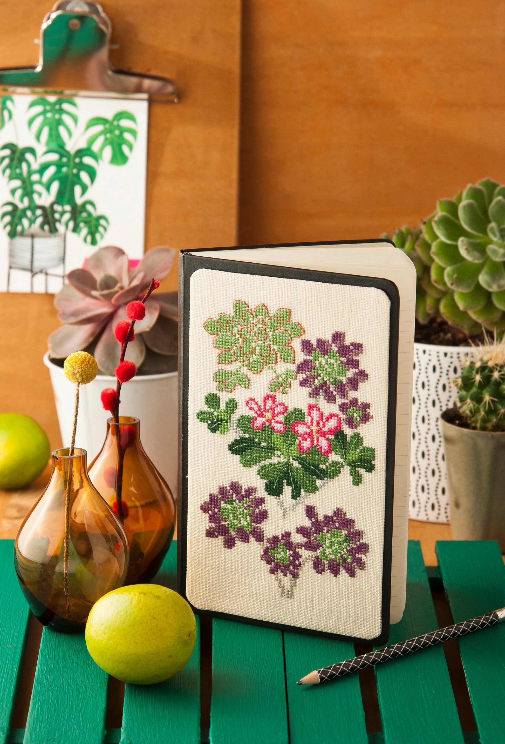 Grille point de croix : petites succulentes sur lin DMC. Motif 61 × 99 pts, env. 11,1 × 18 cm. Imprimé symboles & couleurs, 6 pages.