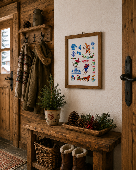 Grille de broderie au point de croix : Petits motifs autour de la montagne, chalets et sports d'hiver vintage. 6 pages avec symboles et références DMC. À broder sur Aïda ou lin.