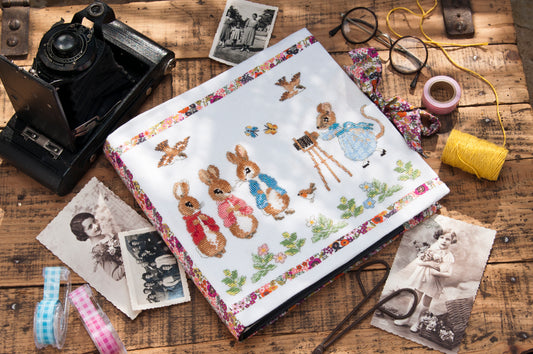 Grille broderie point de croix : album photo naissance Pierrot-Lapin, motif 134×99 pts, 24,4×18 cm. Symboles + couleurs DMC, 6 pages.