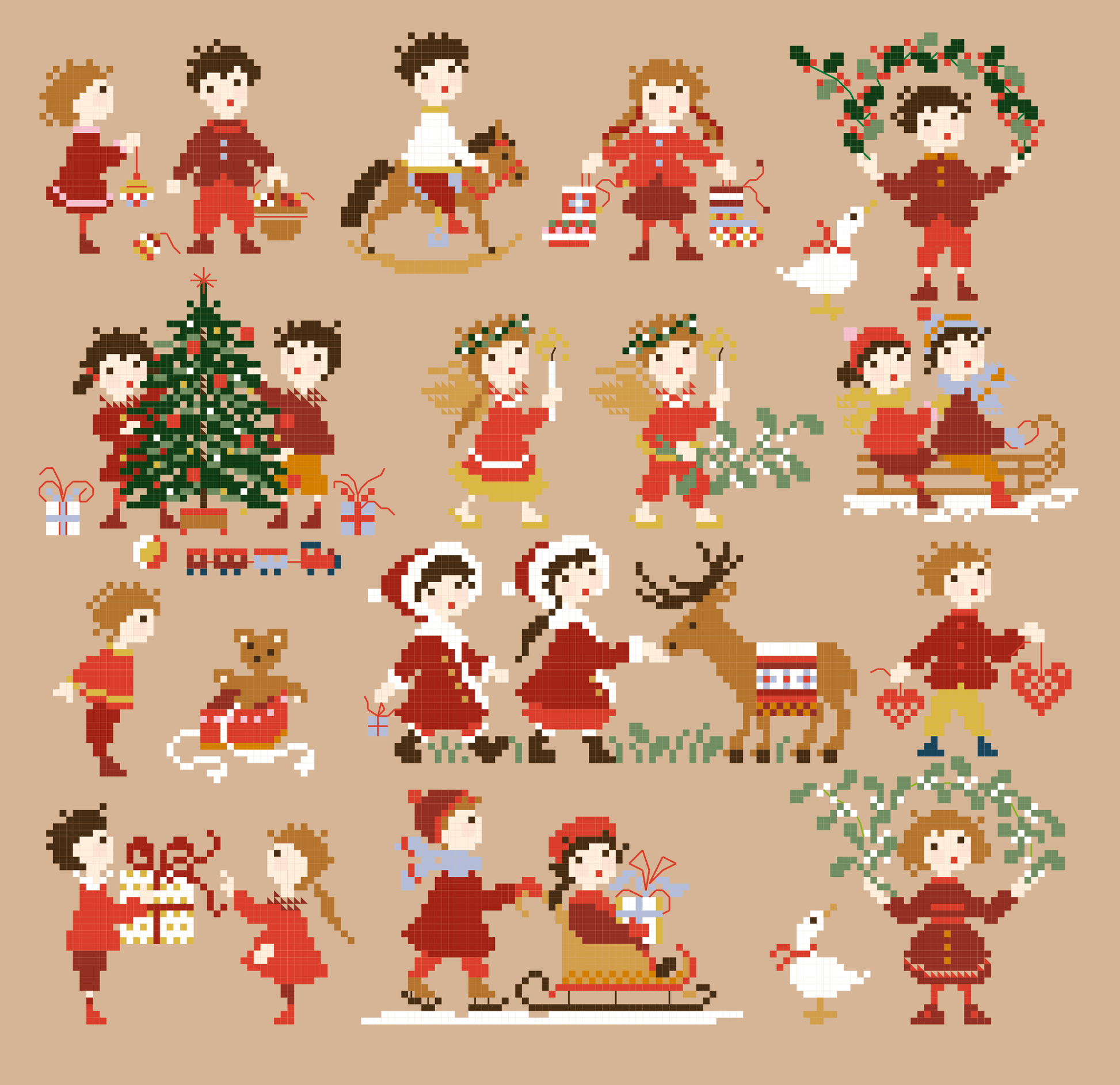 Grille inédite broderie point de croix : 20 enfants pour Noël par Perrette Samouiloff. 155×148 pts, point de croix, ¾ de point, point de piquûre. Toile blanche ou claire.