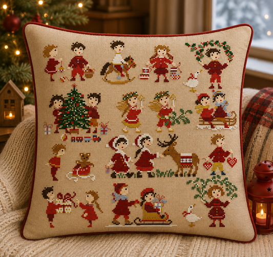 Grille inédite broderie point de croix : 20 enfants pour Noël par Perrette Samouiloff. 155×148 pts, point de croix, ¾ de point, point de piquûre. Toile blanche ou claire.