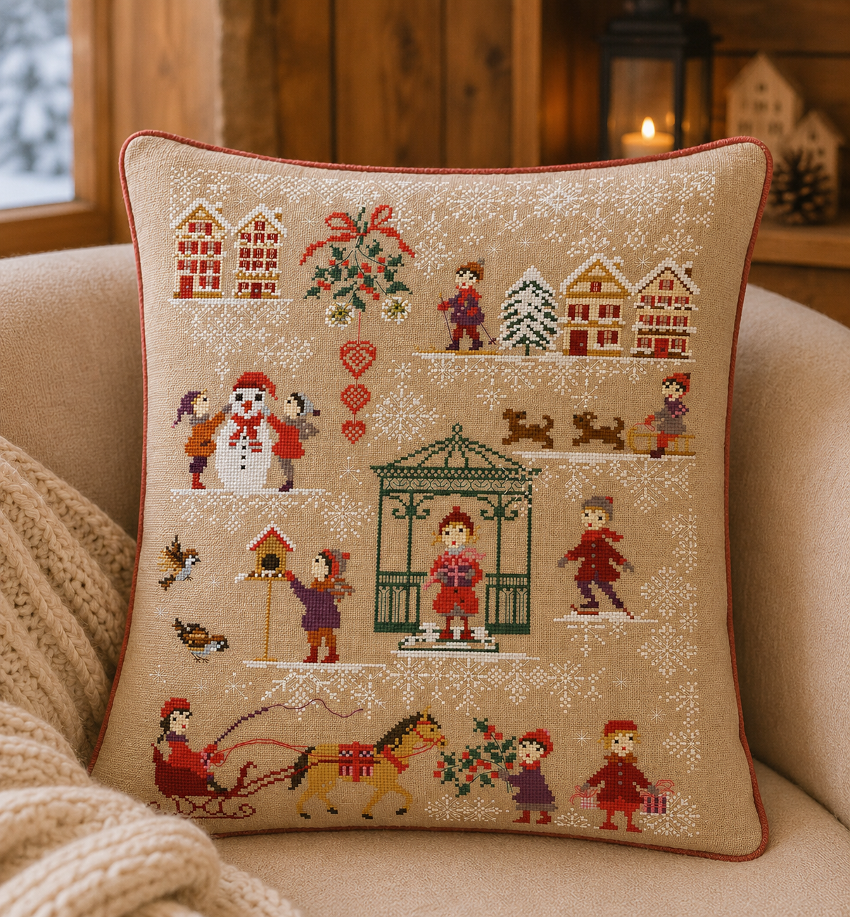 Grille inédite broderie point de croix : Le kiosque de Noël par Perrette Samouiloff. 160×230 pts, point de croix, ¾ de point, point de piquûre. Toile blanche ou claire.