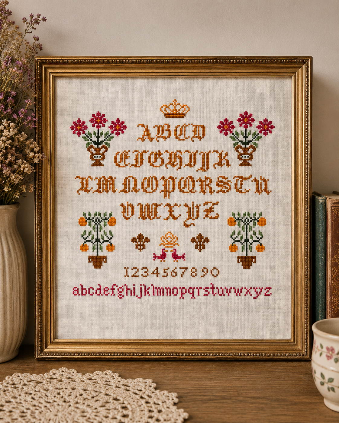 Grille broderie point de croix : Abécédaire Héritage. 146×140 pts sur toile Aïda 5,5 pts/cm. Lettres gothiques, motifs floraux et ornements. DMC 347, 3364, 728…