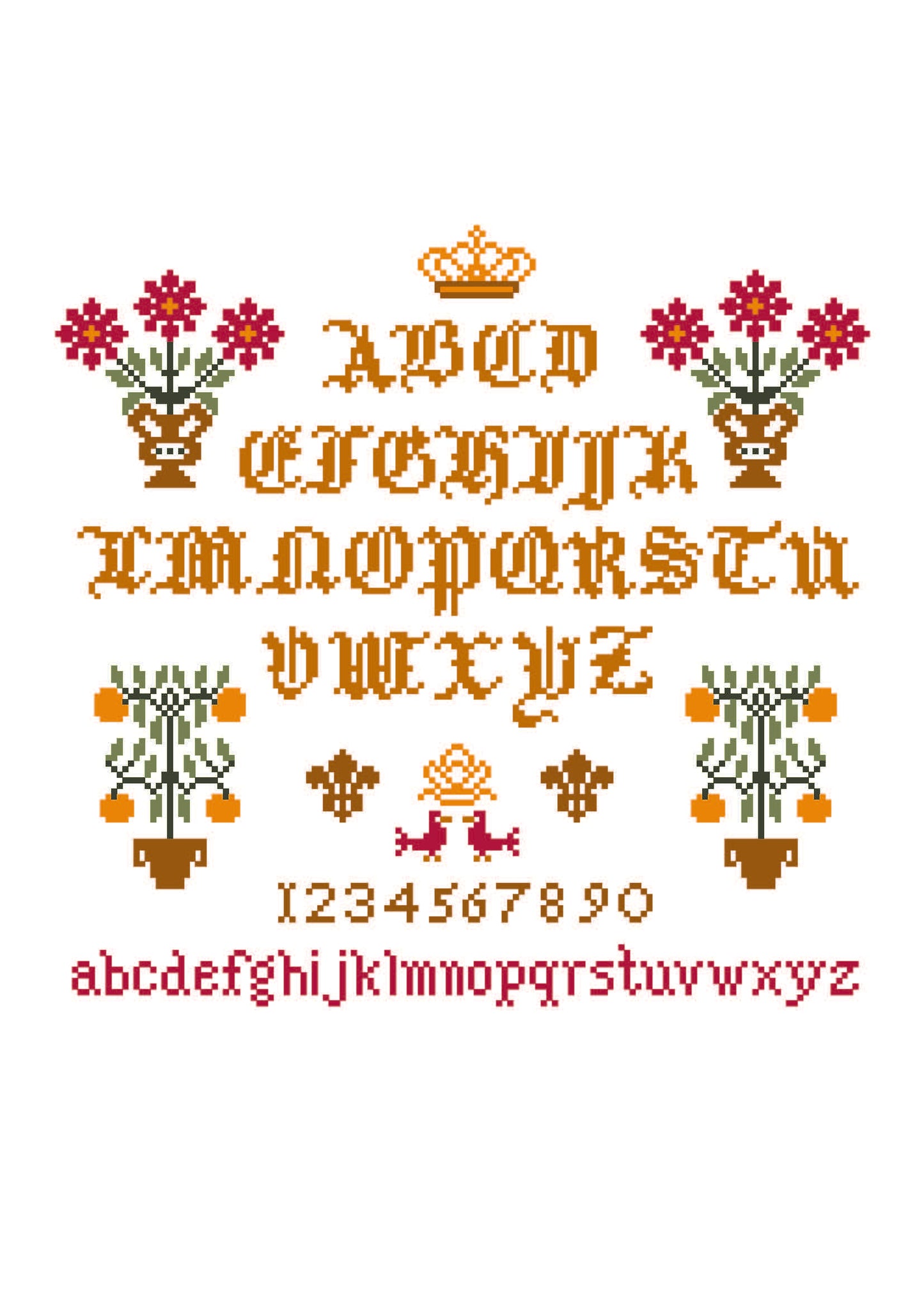 Grille broderie point de croix : Abécédaire Héritage. 146×140 pts sur toile Aïda 5,5 pts/cm. Lettres gothiques, motifs floraux et ornements. DMC 347, 3364, 728…