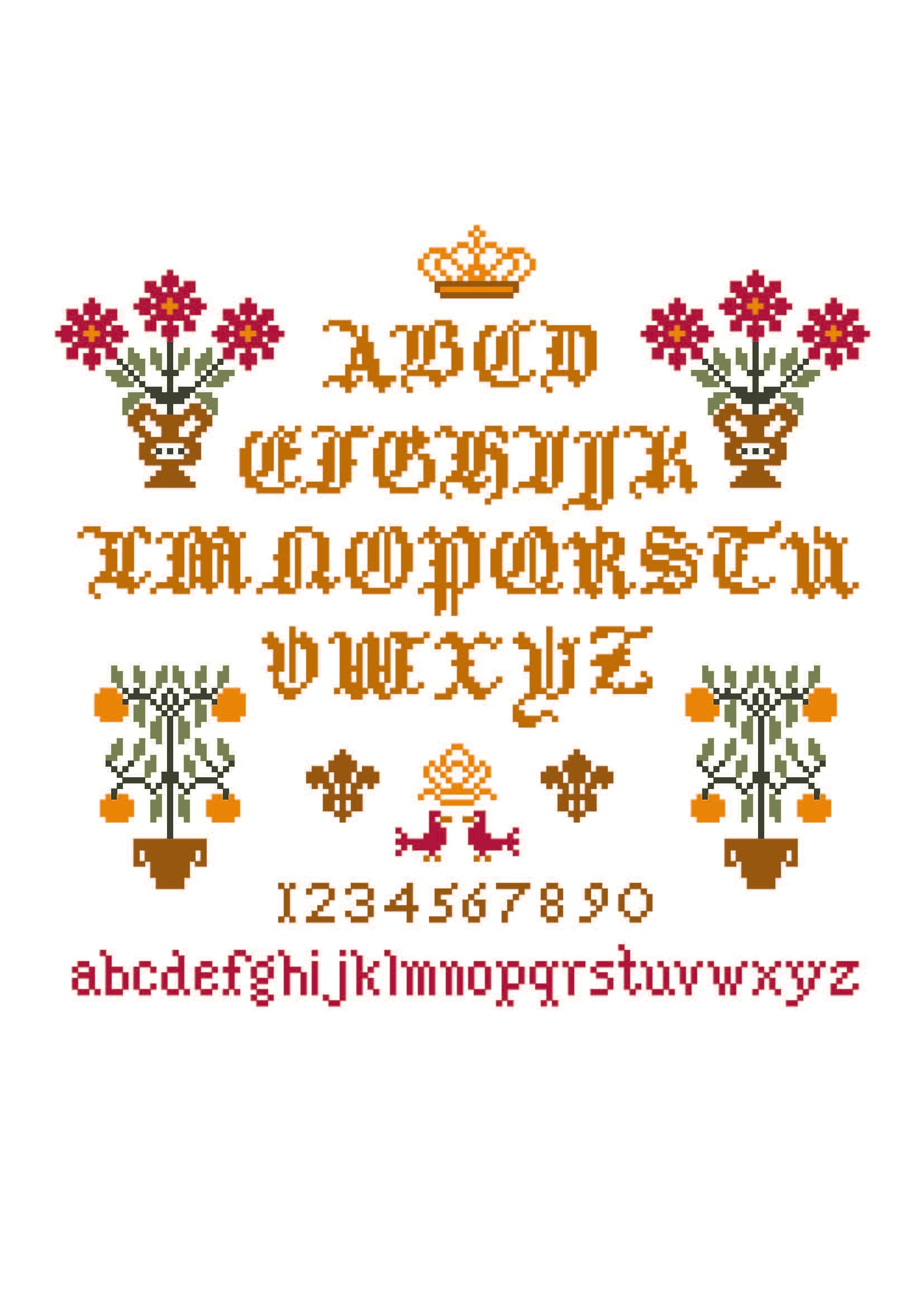 Grille broderie point de croix : Abécédaire Héritage. 146×140 pts sur toile Aïda 5,5 pts/cm. Lettres gothiques, motifs floraux et ornements. DMC 347, 3364, 728…