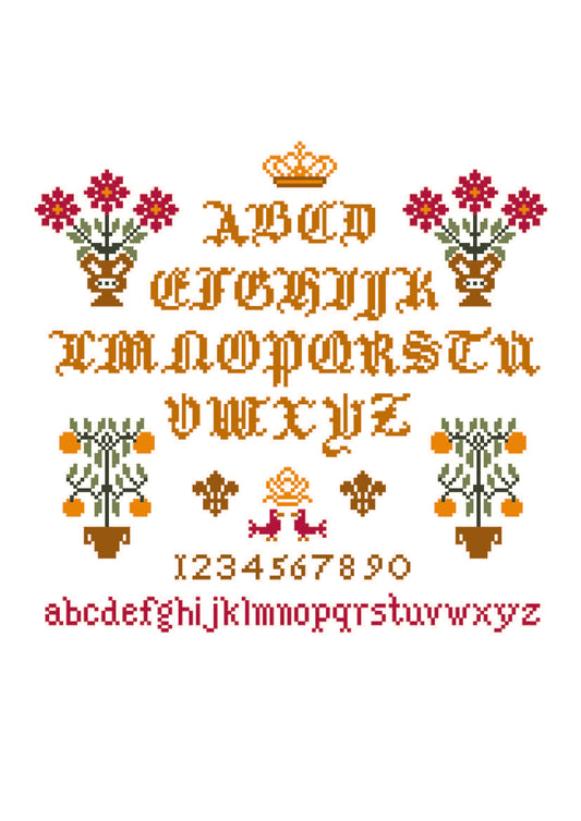 Grille broderie point de croix : Abécédaire Héritage. 146×140 pts sur toile Aïda 5,5 pts/cm. Lettres gothiques, motifs floraux et ornements. DMC 347, 3364, 728…