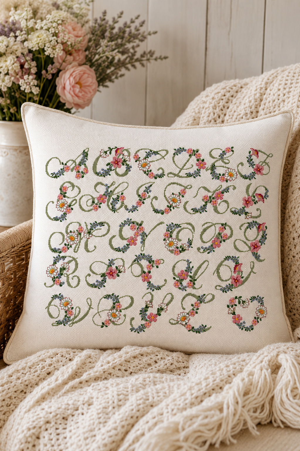 Grille broderie point de croix : Abécédaire Lettres Fleuries. 496×308 pts sur toile Aïda 5,5 pts/cm. Alphabet fleuri, fleurs champêtres, DMC 3345, 3731, 726…