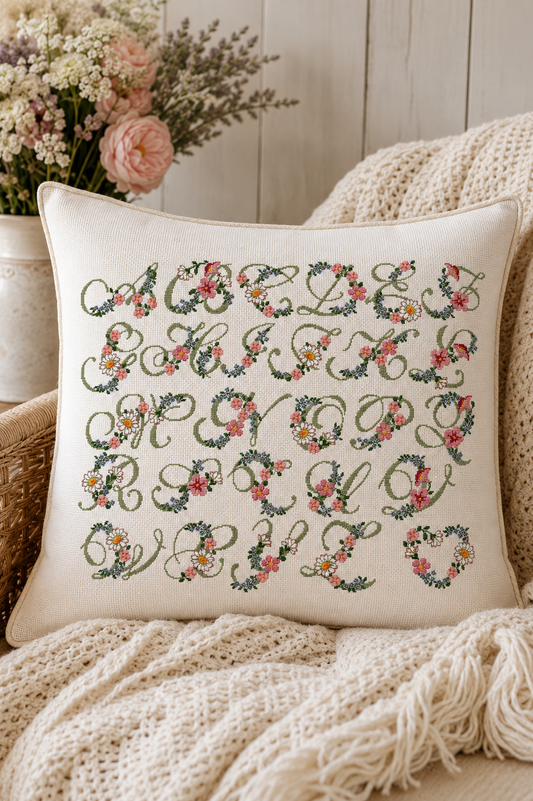 Grille broderie point de croix : Abécédaire Lettres Fleuries. 496×308 pts sur toile Aïda 5,5 pts/cm. Alphabet fleuri, fleurs champêtres, DMC 3345, 3731, 726…