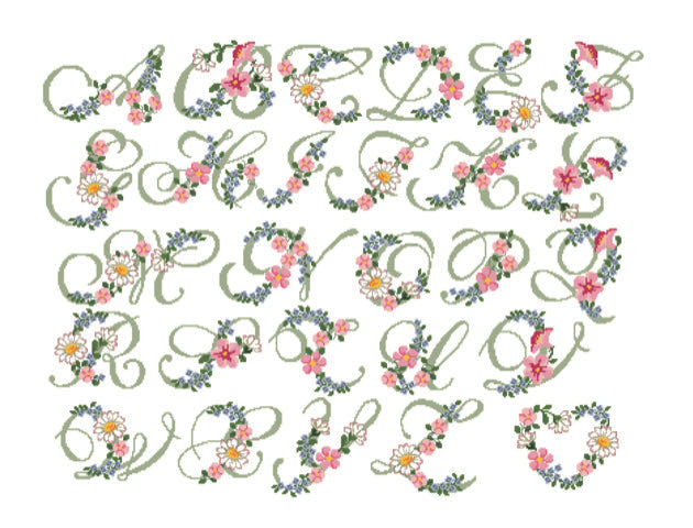 Grille broderie point de croix : Abécédaire Lettres Fleuries. 496×308 pts sur toile Aïda 5,5 pts/cm. Alphabet fleuri, fleurs champêtres, DMC 3345, 3731, 726…