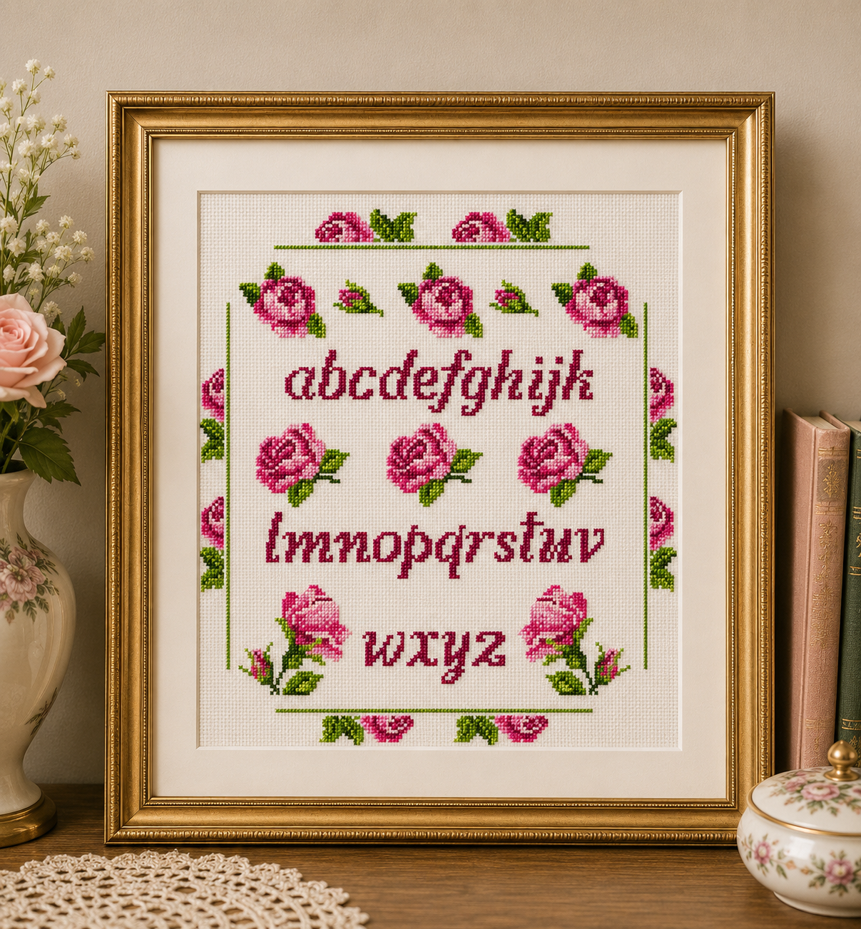 Grille broderie point de croix : Abécédaire aux Roses Anciennes. 148×165 pts sur toile Aïda 5,5 pts/cm. Alphabet fleuri aux nuances de rose, DMC 819, 963, 3326…