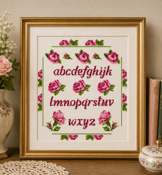 Grille broderie point de croix : Abécédaire aux Roses Anciennes. 148×165 pts sur toile Aïda 5,5 pts/cm. Alphabet fleuri aux nuances de rose, DMC 819, 963, 3326…