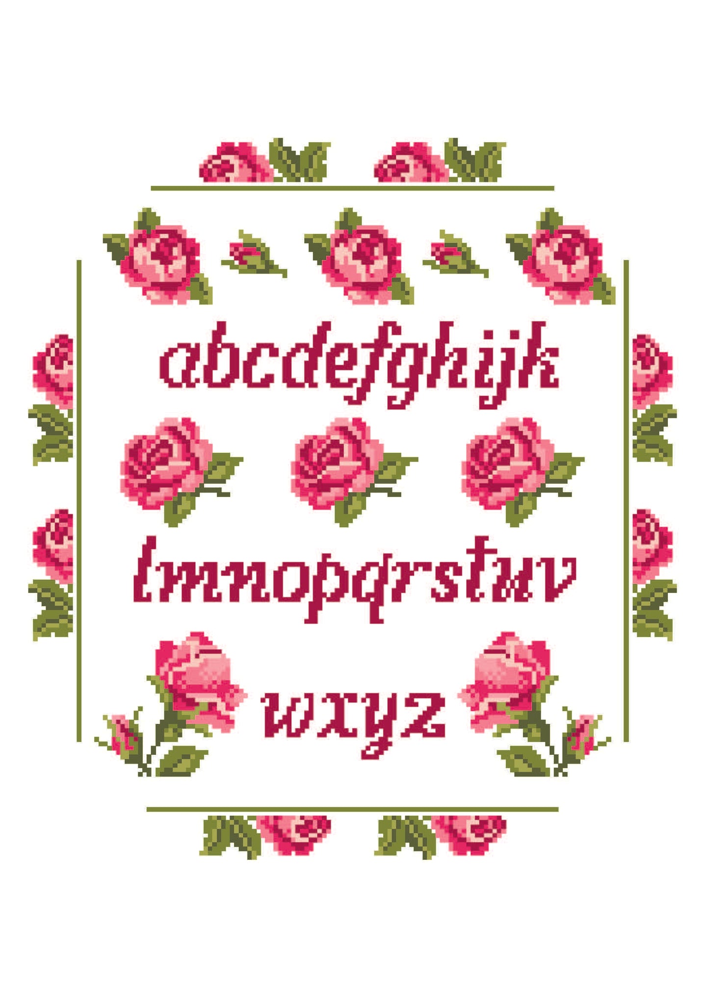 Grille broderie point de croix : Abécédaire aux Roses Anciennes. 148×165 pts sur toile Aïda 5,5 pts/cm. Alphabet fleuri aux nuances de rose, DMC 819, 963, 3326…