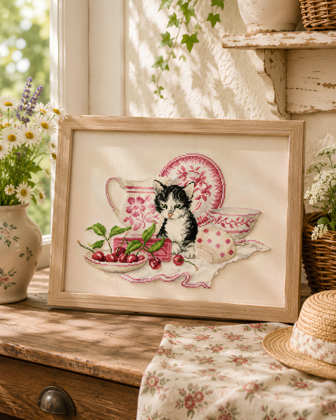 Grille broderie point de croix : chaton et cerises avec vaisselle ancienne. 185×135 pts, env. 33,6×24,5 cm. Toile lin 11 fils/cm ou Aïda 5,5 pts/cm.