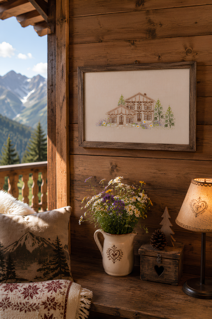 Grille broderie point de croix : chalet alpin, J. Lentini. 159×71 pts, env. 22,7×10,1 cm. Toile de lin naturel Zweigart 14 fils/cm brodée sur 2 brins.