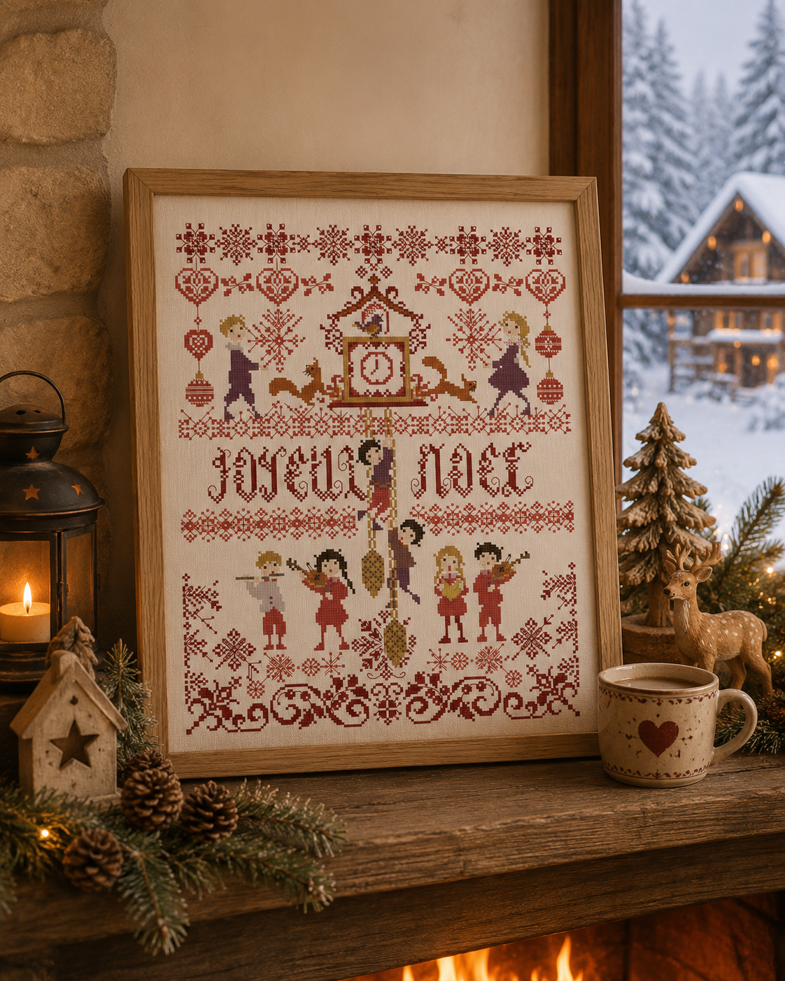 Grille inédite broderie point de croix : Coucou de Noël par Perrette Samouiloff. 149×199 pts, point de croix, ¾ de point, point de piquûre. Toile blanche ou claire.