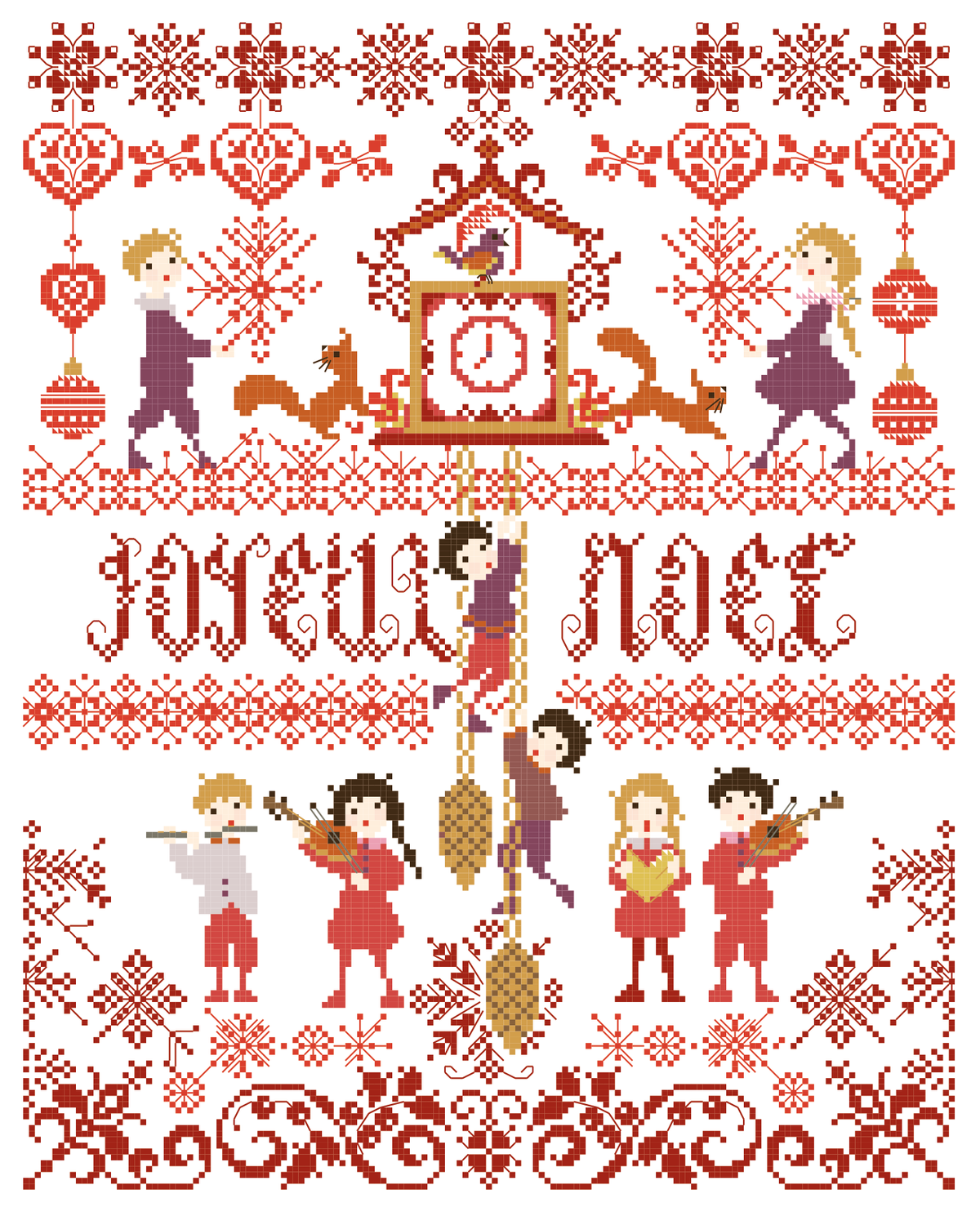Grille inédite broderie point de croix : Coucou de Noël par Perrette Samouiloff. 149×199 pts, point de croix, ¾ de point, point de piquûre. Toile blanche ou claire.