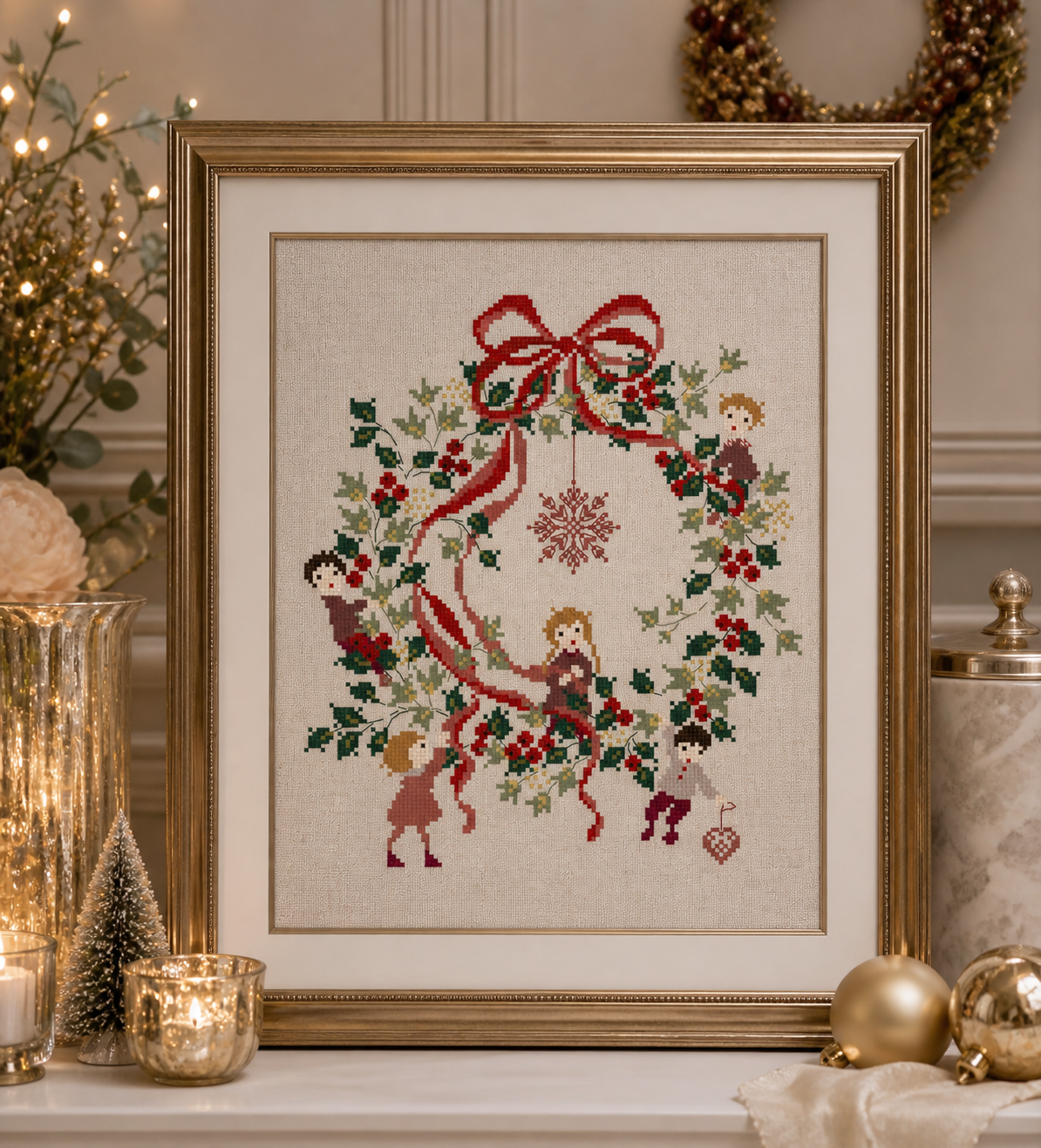 Grille inédite broderie point de croix : Couronne de Noël par Perrette Samouiloff. 120×139 pts, point de croix, ¾ de point, point de piquûre. Toile blanche ou claire.