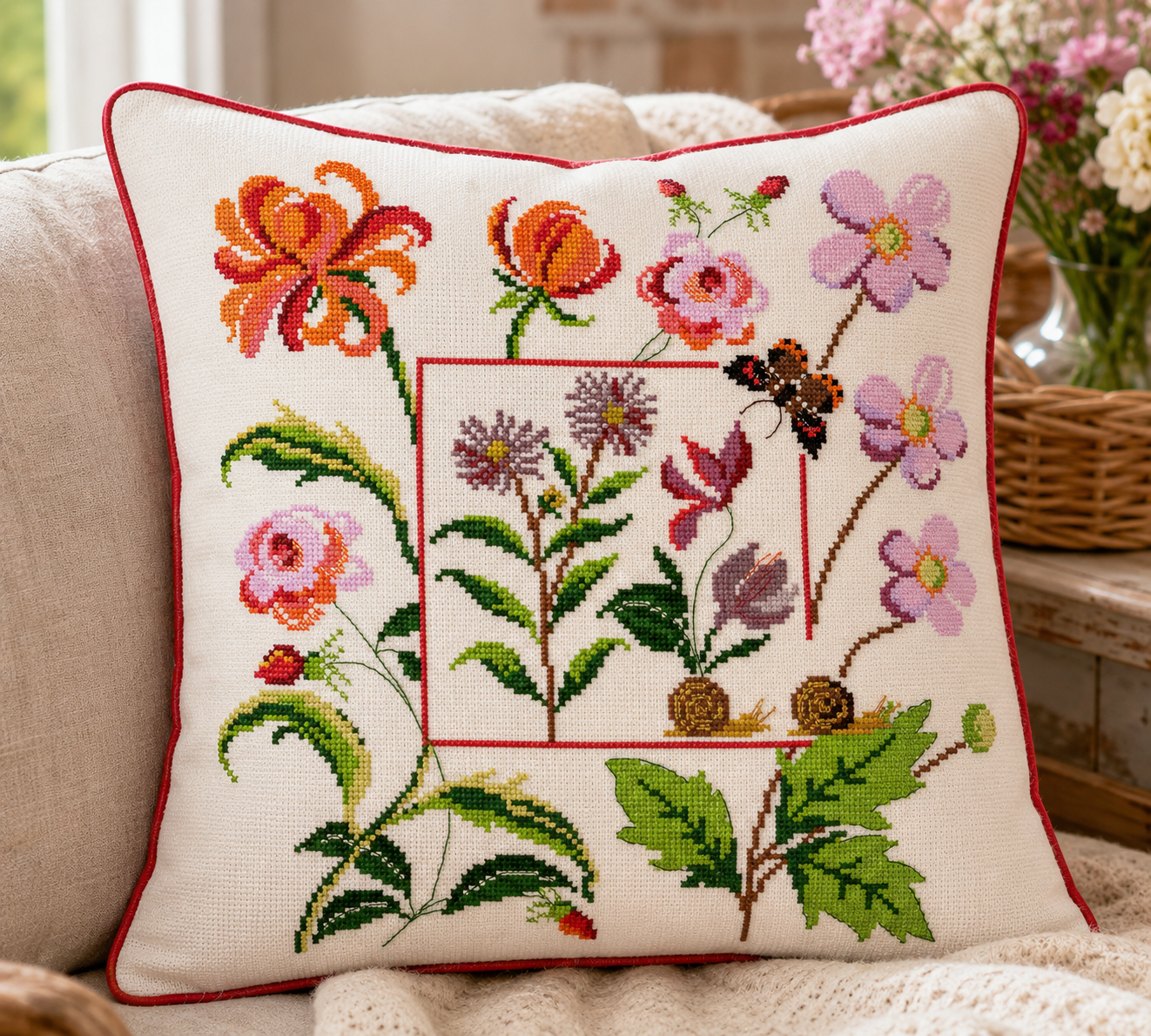Grille broderie point de croix Coussin couleurs chaudes : jardin fleuri en tons chauds. 150×150 pts, environ 25×25 cm sur toile de lin sable.