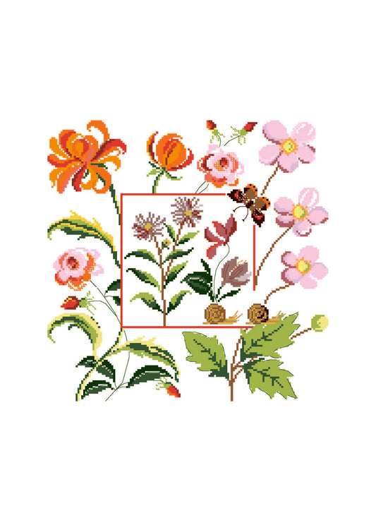 Grille broderie point de croix Coussin couleurs chaudes : jardin fleuri en tons chauds. 150×150 pts, environ 25×25 cm sur toile de lin sable.