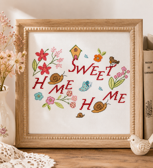 Grille broderie point de croix Home Sweet Home : fleurs, escargots, papillon et nichoir. 141×99 pts, environ 23,5×16,5 cm sur toile de lin blanche.