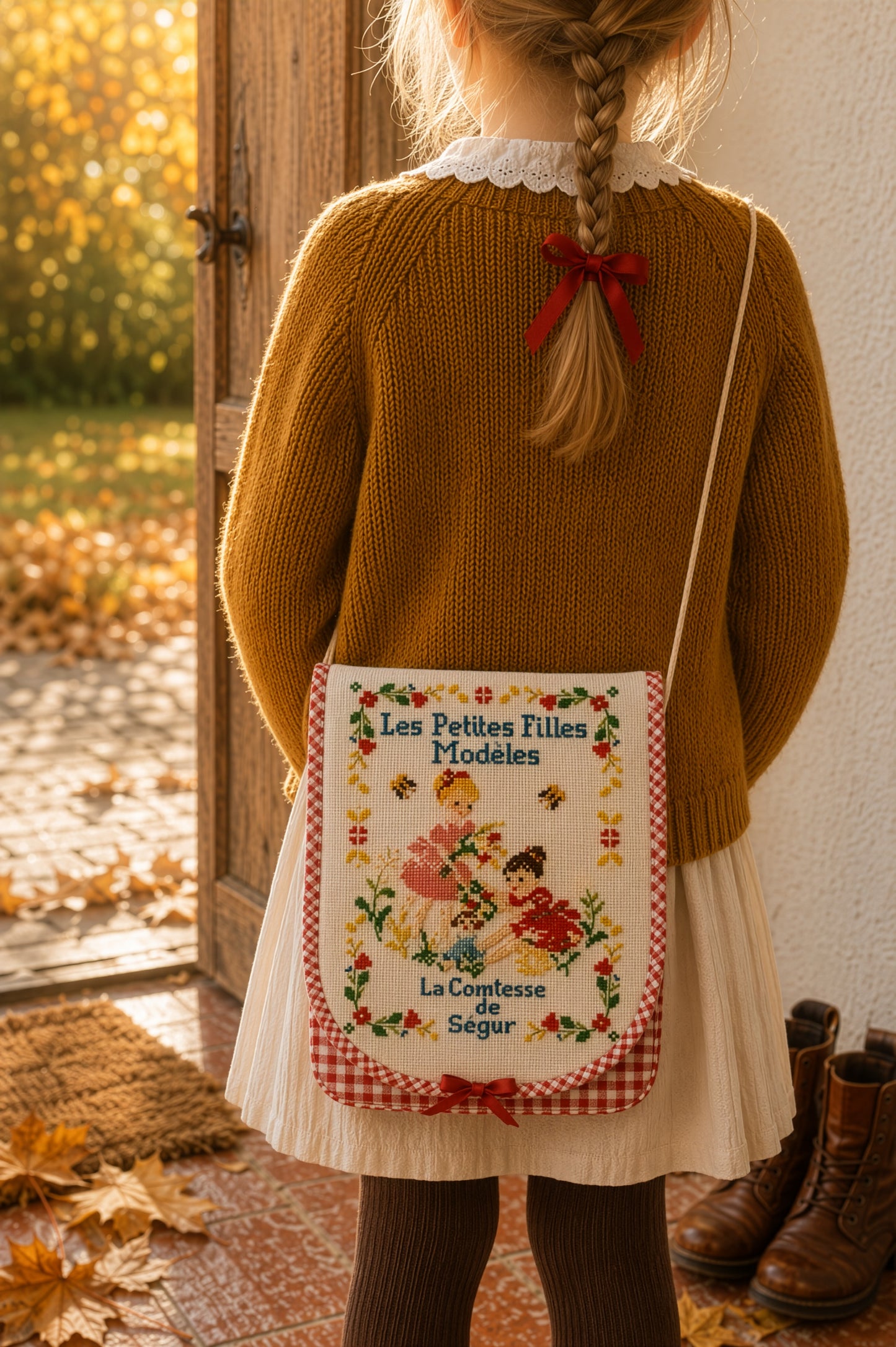 Grille inédite broderie point de croix : besace Les Petites Filles modèles. Motifs floraux inspirés de la Comtesse de Ségur. Toile Aïda 5,5 pts/cm blanc. Réf. DMC.