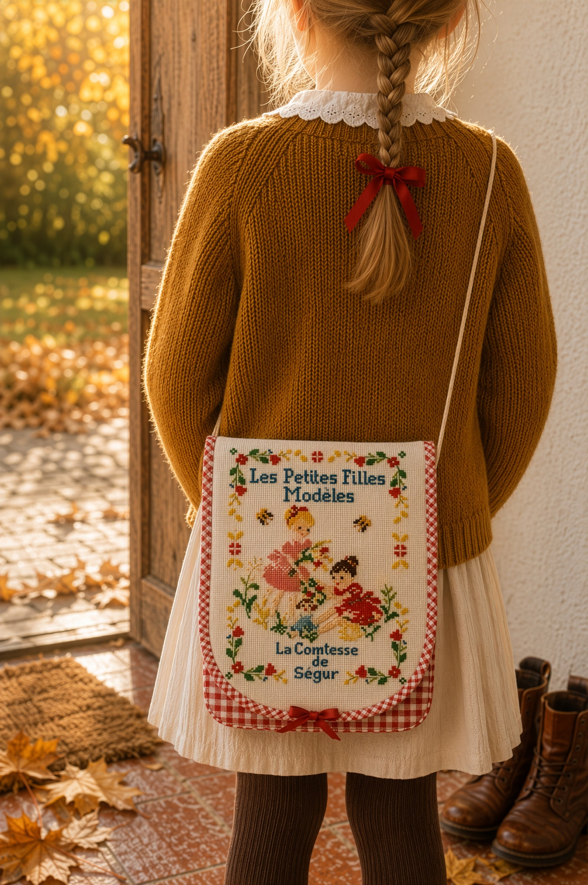 Grille inédite broderie point de croix : besace Les Petites Filles modèles. Motifs floraux inspirés de la Comtesse de Ségur. Toile Aïda 5,5 pts/cm blanc. Réf. DMC.