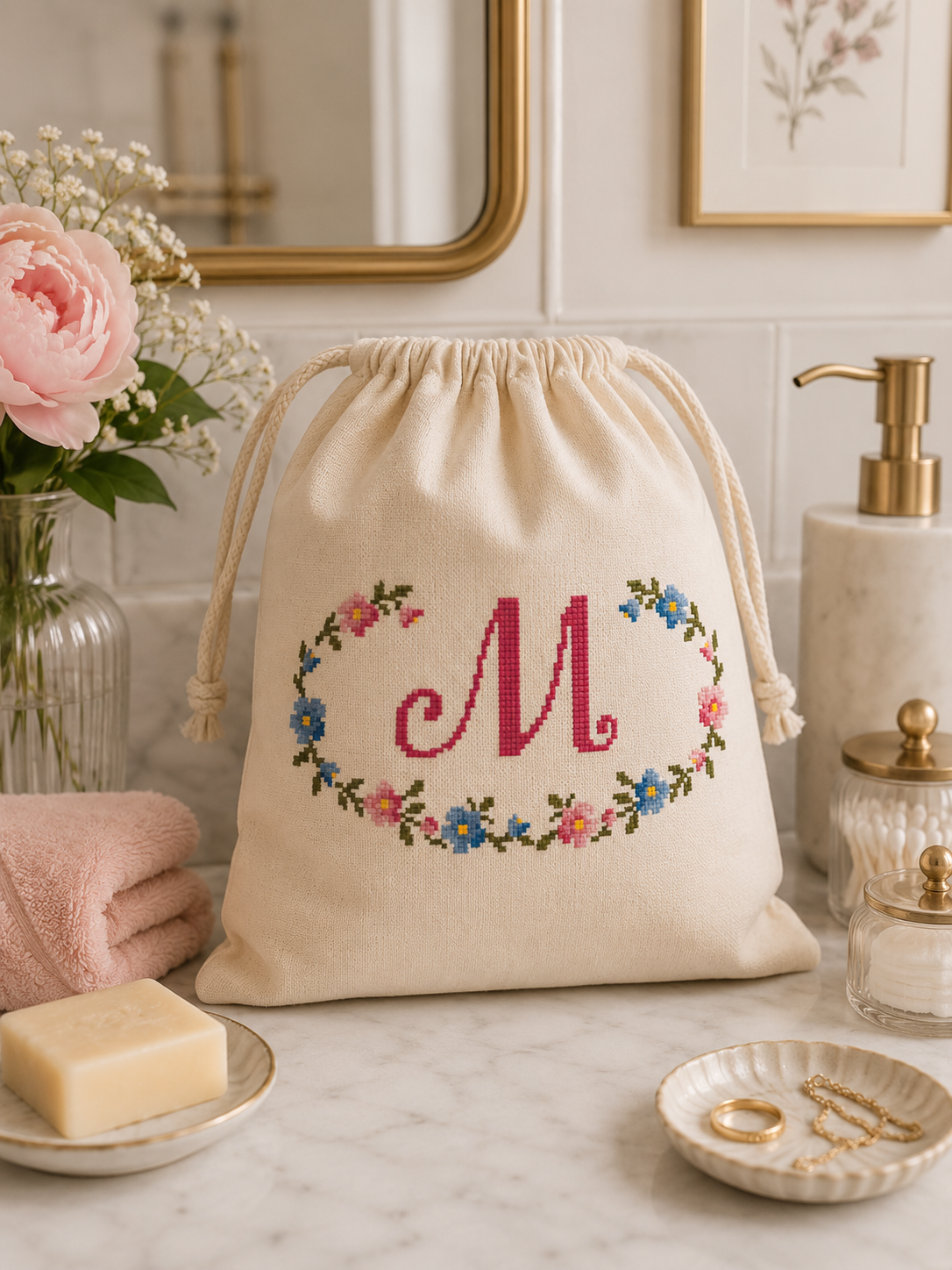 Grille broderie point de croix : Monogramme Fleuri par Création Point de Croix. 227×168 pts sur toile Aïda 5,5 pts/cm. Initiale entourée d'une couronne florale élégante.