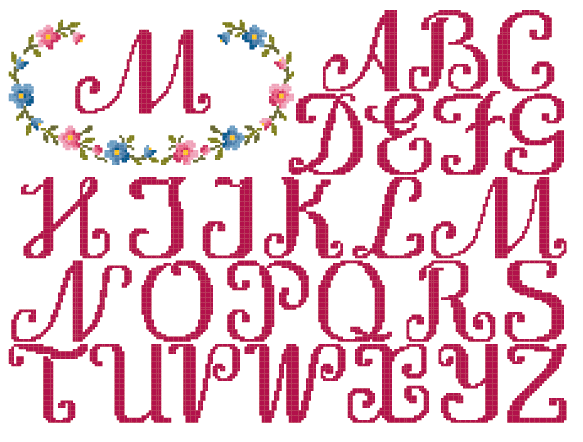 Grille broderie point de croix : Monogramme Fleuri par Création Point de Croix. 227×168 pts sur toile Aïda 5,5 pts/cm. Initiale entourée d'une couronne florale élégante.