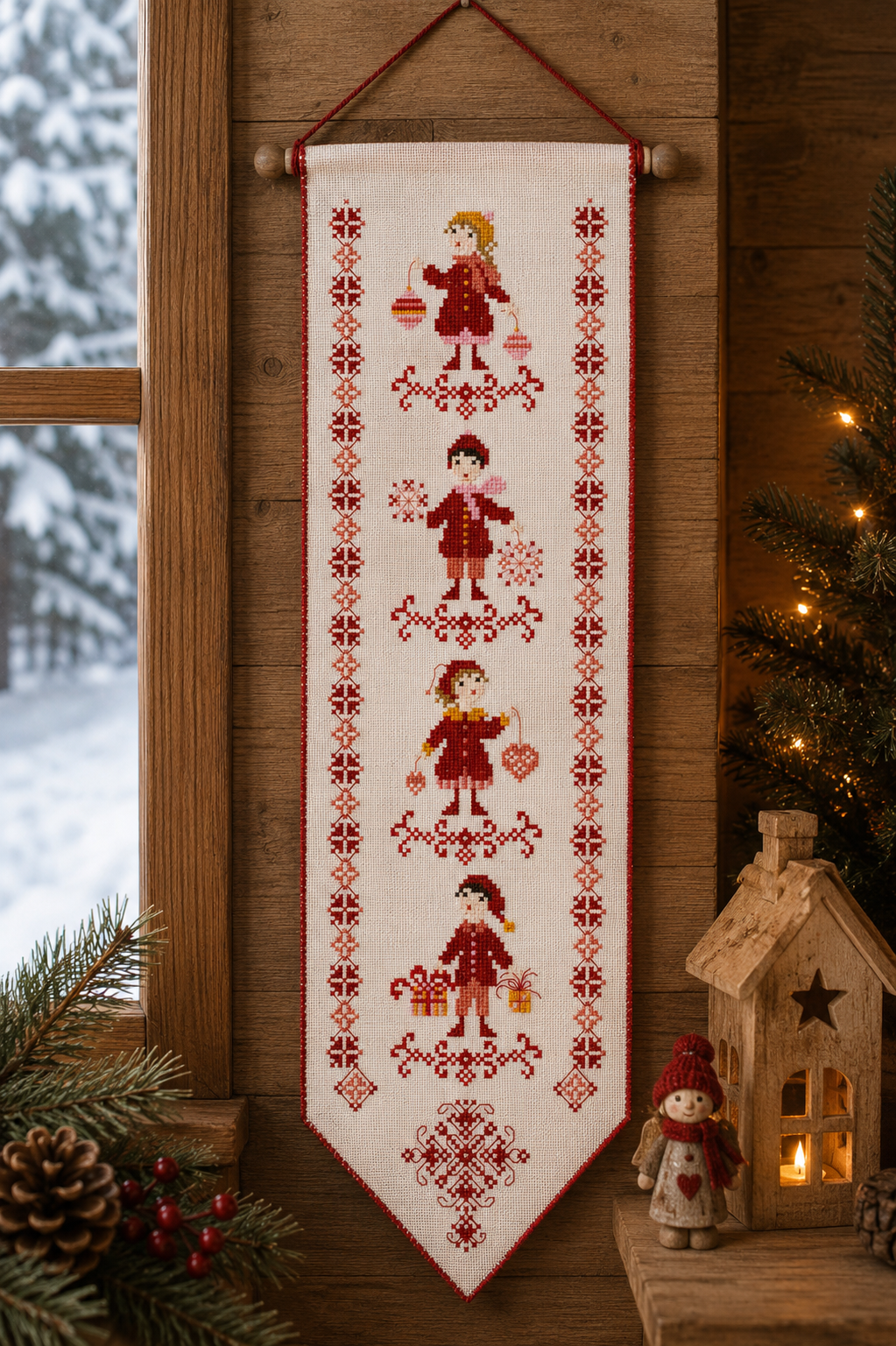 Grille inédite broderie point de croix : Noël frise par Perrette Samouiloff. 70×243 pts, point de croix, ¾ de point, point de piquûre. Toile blanche ou claire.