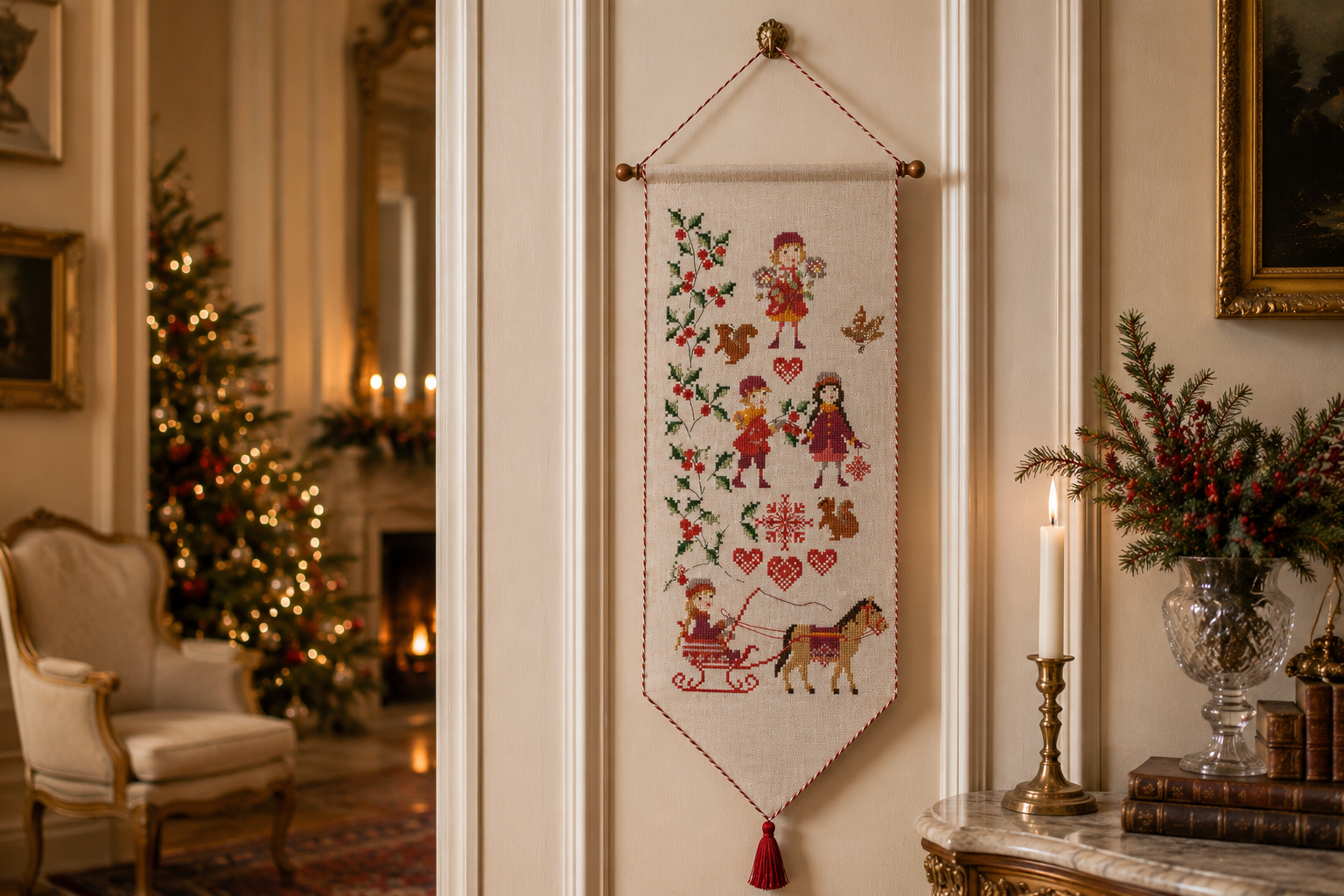 Grille inédite broderie point de croix : Noël rouge par Perrette Samouiloff. 86×180 pts, point de croix, ¾ de point, point de piquûre. Toile blanche ou claire.