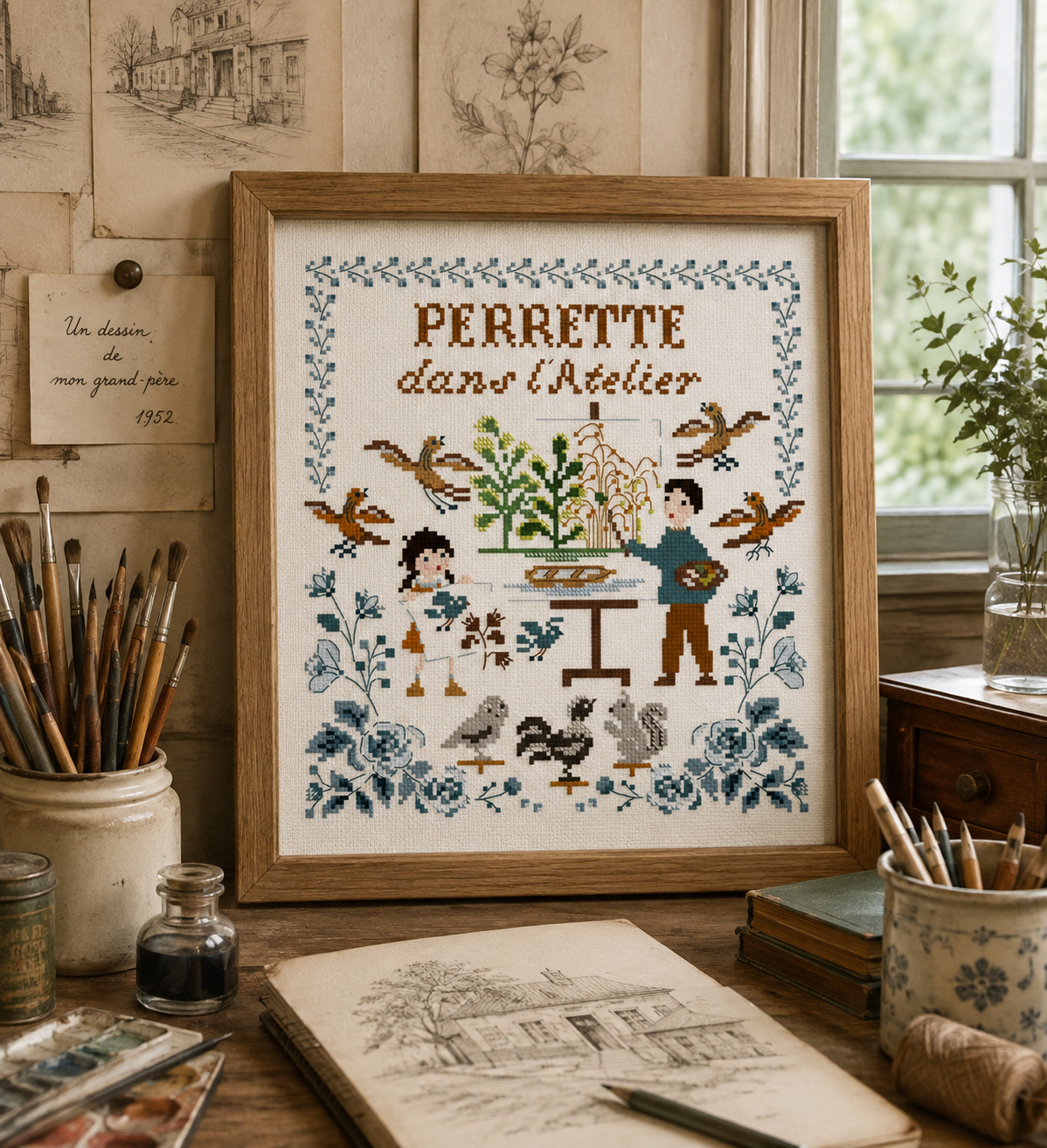 Grille broderie point de croix Perrette Atelier de papa : scène poétique, pinceaux et oiseaux. 120×130 pts, à broder sur toile blanche.