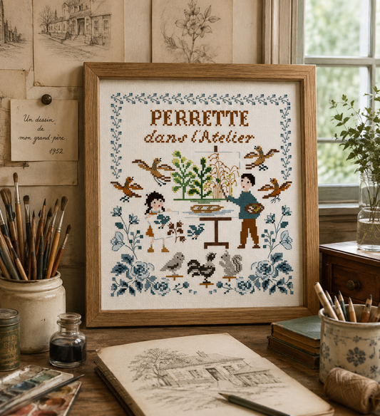 Grille broderie point de croix Perrette Atelier de papa : scène poétique, pinceaux et oiseaux. 120×130 pts, à broder sur toile blanche.